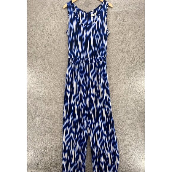 Calvin Klein Jumpsuit Womens 10 Blue Tank Stretch Wide Leg Smocked Waist Casual - Picture 1 of 12